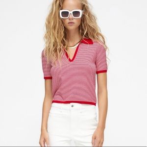 Zara Red and White striped knit polo